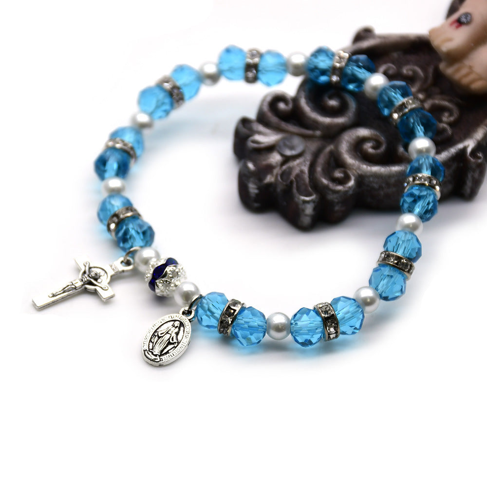 Christianartworkshop Pulsera elástica de cuentas de cristal con crucifijo y medalla milagrosa - Agua - image 0