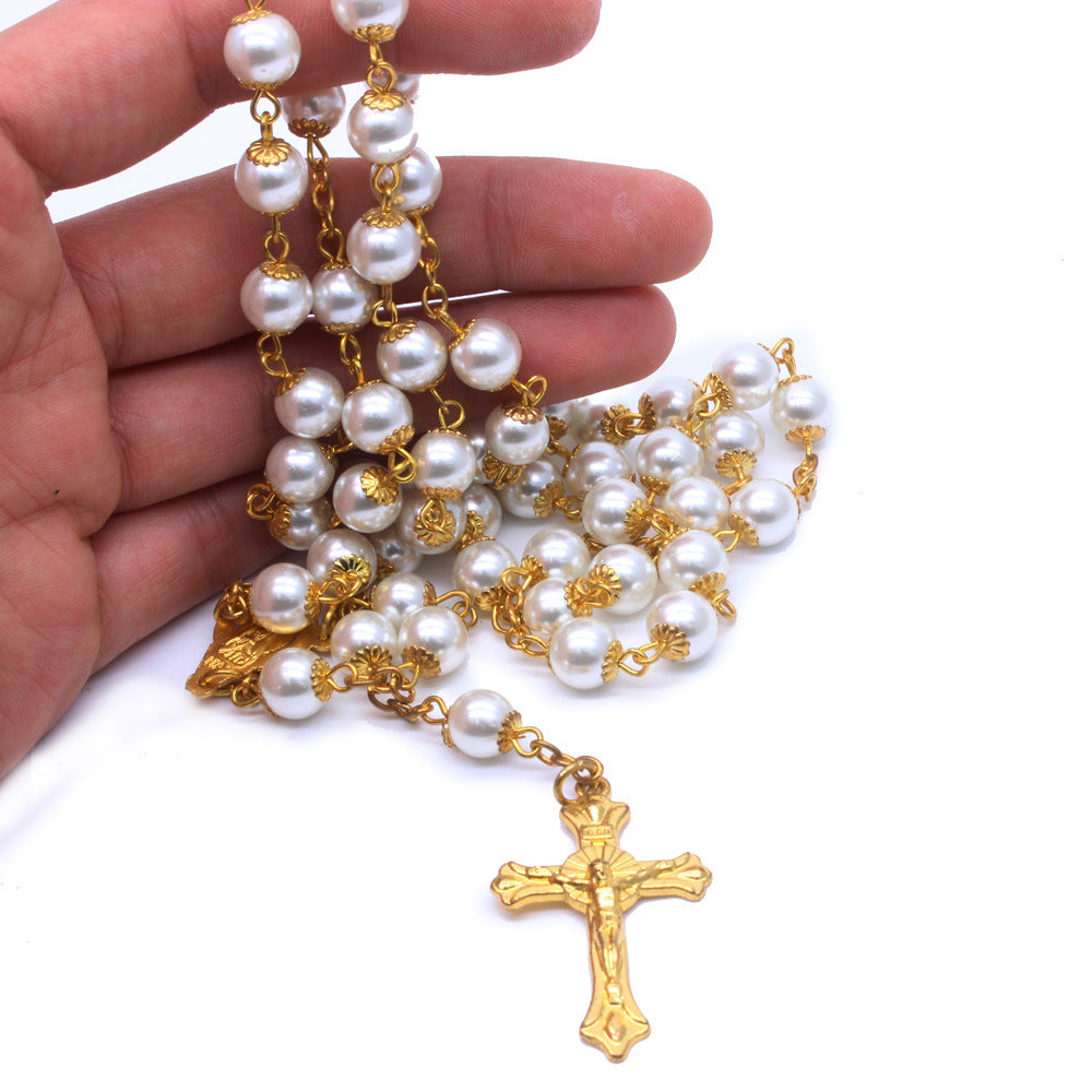 Rosario católico con cuentas de perlas blancas - image 1