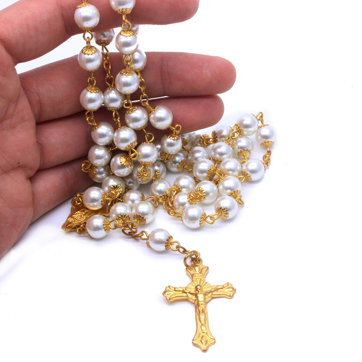 Rosario católico con cuentas de perlas blancas - image 1