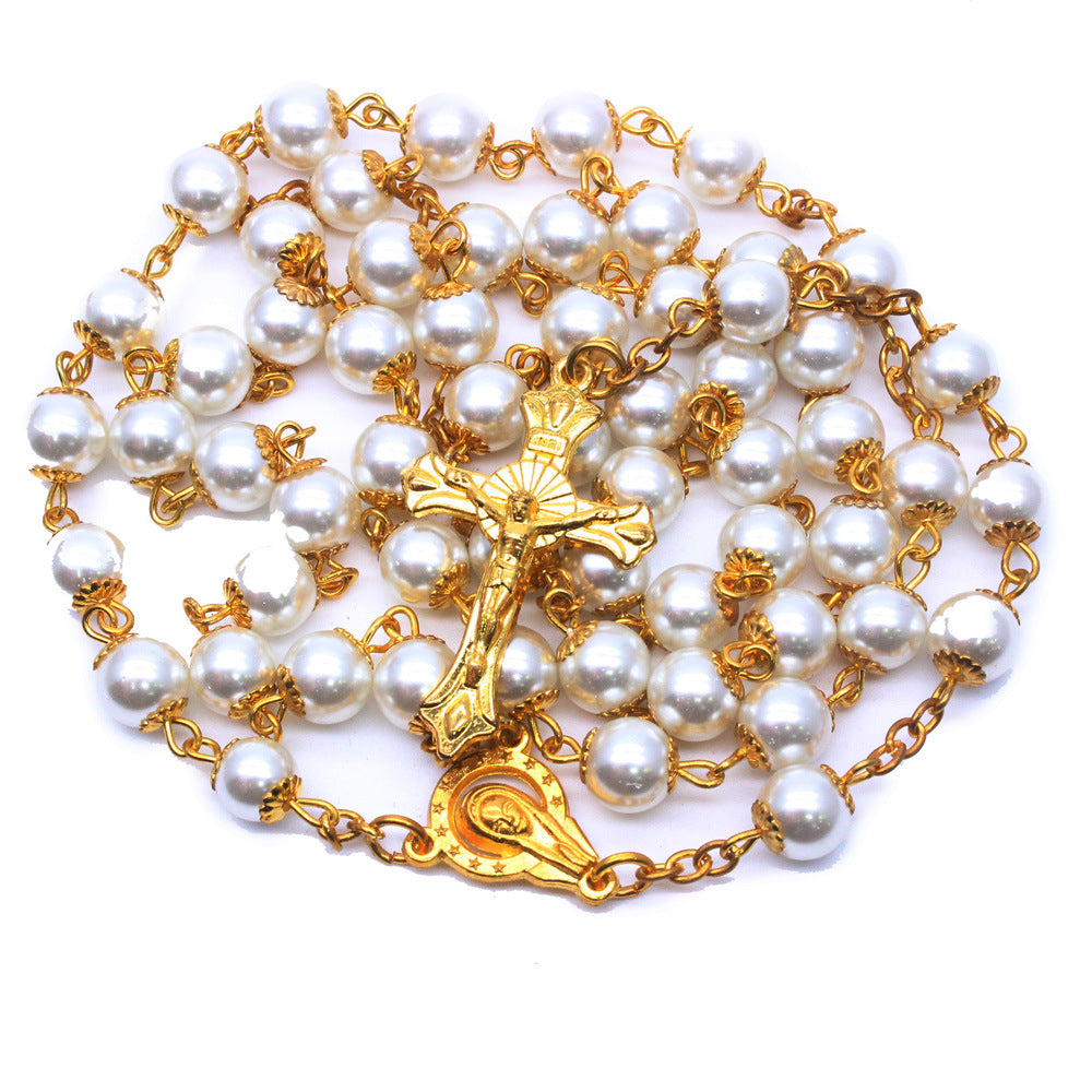 Rosario católico con cuentas de perlas blancas - Blanco - image 0