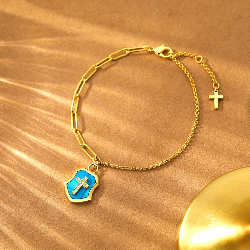 Christianartworkshop Pulsera de bendición con escudo de cruz turquesa y piedras de circonita - Escudo cruzado turquesa - image 0