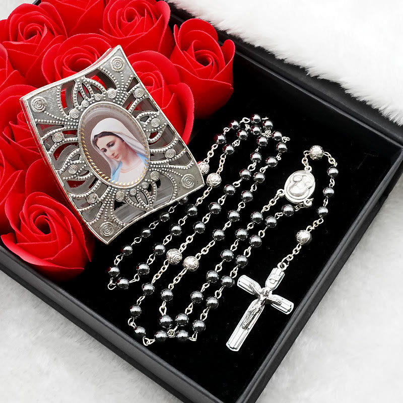 Christianartworkshop Rosario de hematita con medalla de la Santísima Virgen María - Cuentas de hematita - image 0