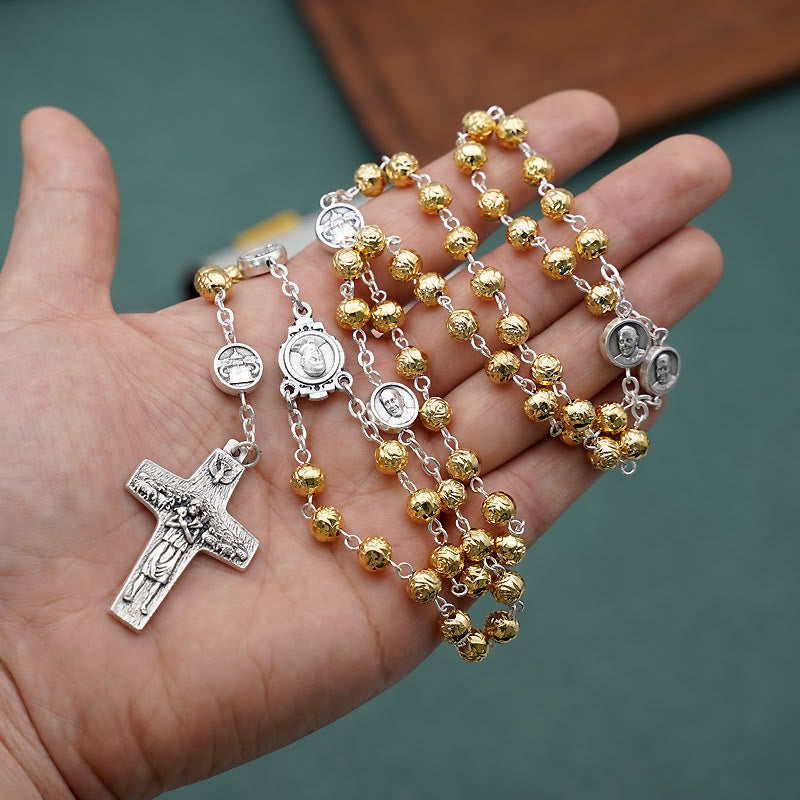 Christianartworkshop Rosario de cuentas de oración de aleación dorada hecho a mano con crucifijo de Jesús pastor - Dorado - image 0