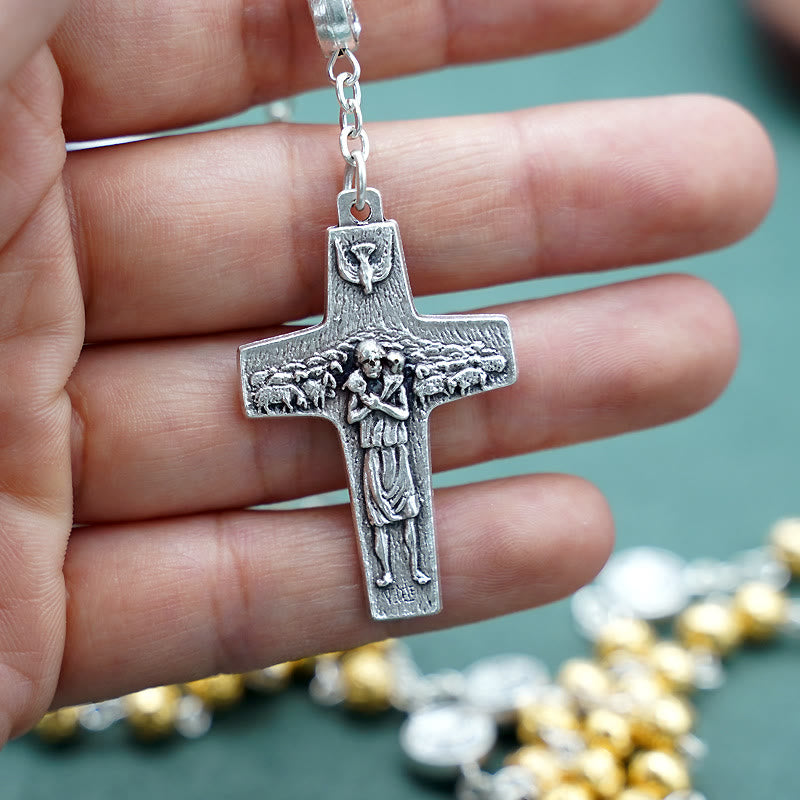 Christianartworkshop Rosario de cuentas de oración de aleación dorada hecho a mano con crucifijo de Jesús pastor - image 1