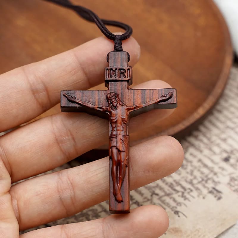 Christianartworkshop Collar de madera con crucifijo de Jesús - Café - image 0