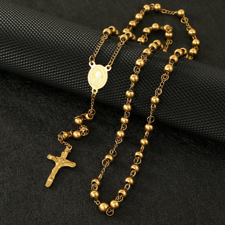 Rosario con crucifijo de San Benito y cuentas de acero inoxidable - Dorado - image 1