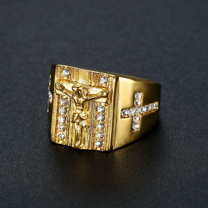 Christianartworkshop Anillo religioso con crucifijo de Jesús y circonitas - Dorado - US 13 - image 0