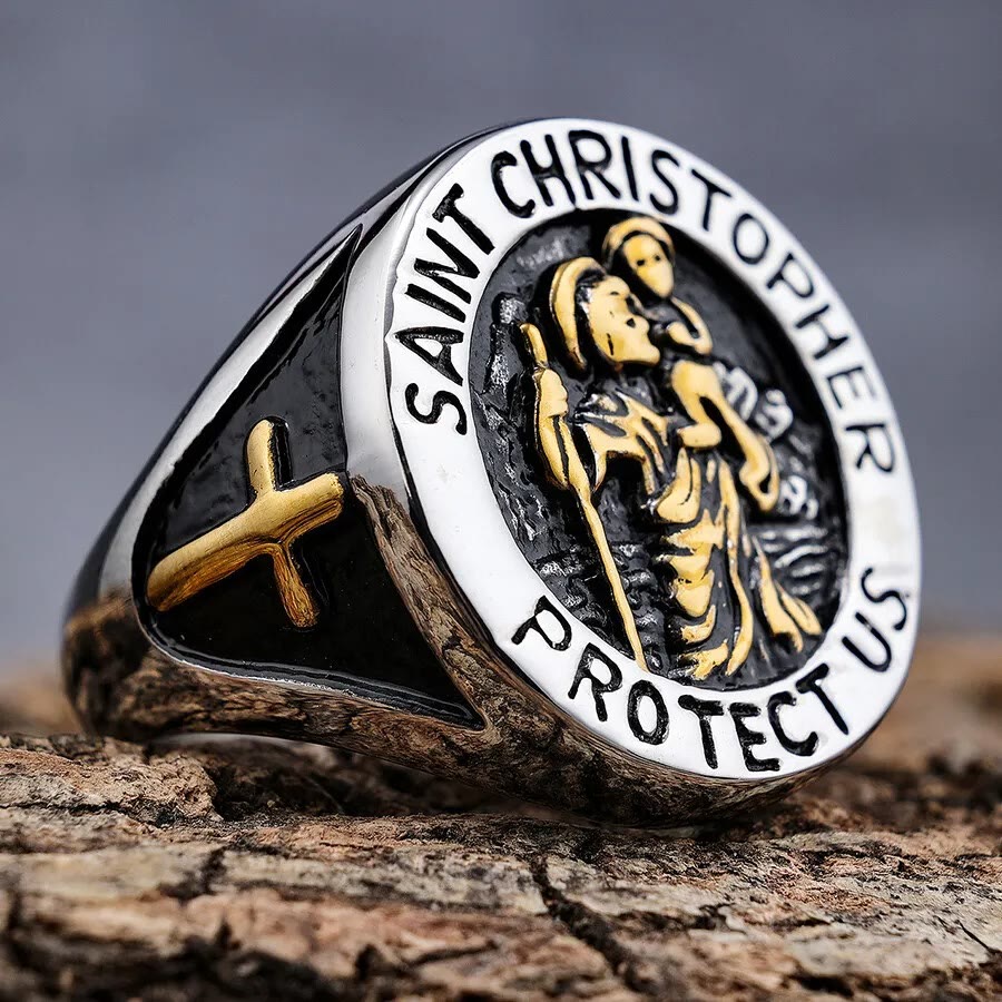 Christianartworkshop Anillo de sello con la medalla de San Cristóbal Protégenos - Oro plateado - US 13 - image 0