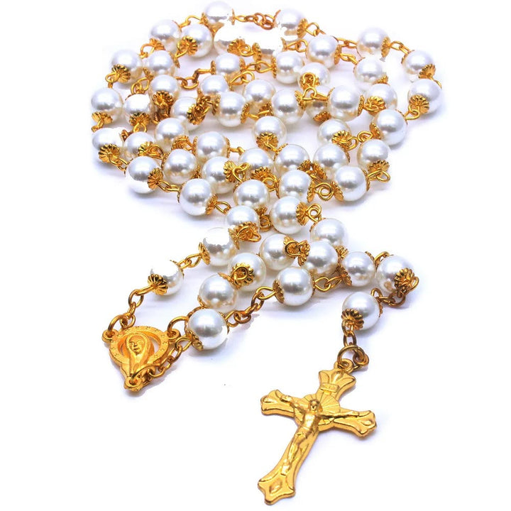Rosario católico con cuentas de perlas blancas - image 2