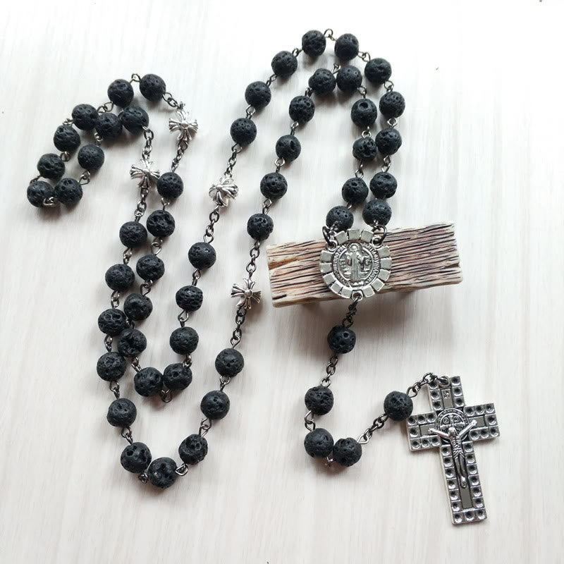 Rosario con colgante de cruz vintage y cuentas de piedra volcánica - Roca volcánica - image 0