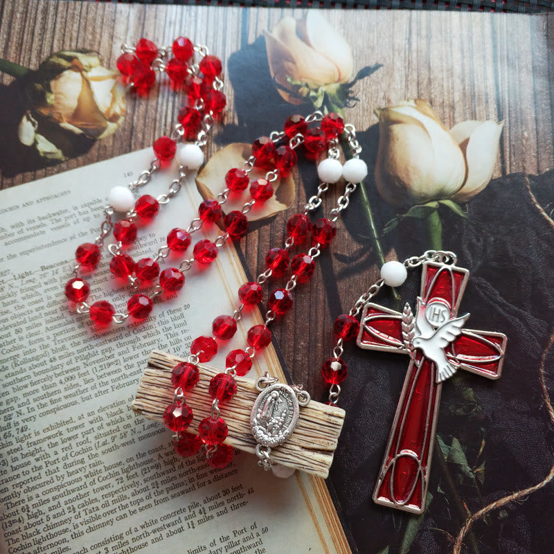Rosario con colgante de cruz y paloma del Espíritu Santo de IHS, cuentas rojas - image 1