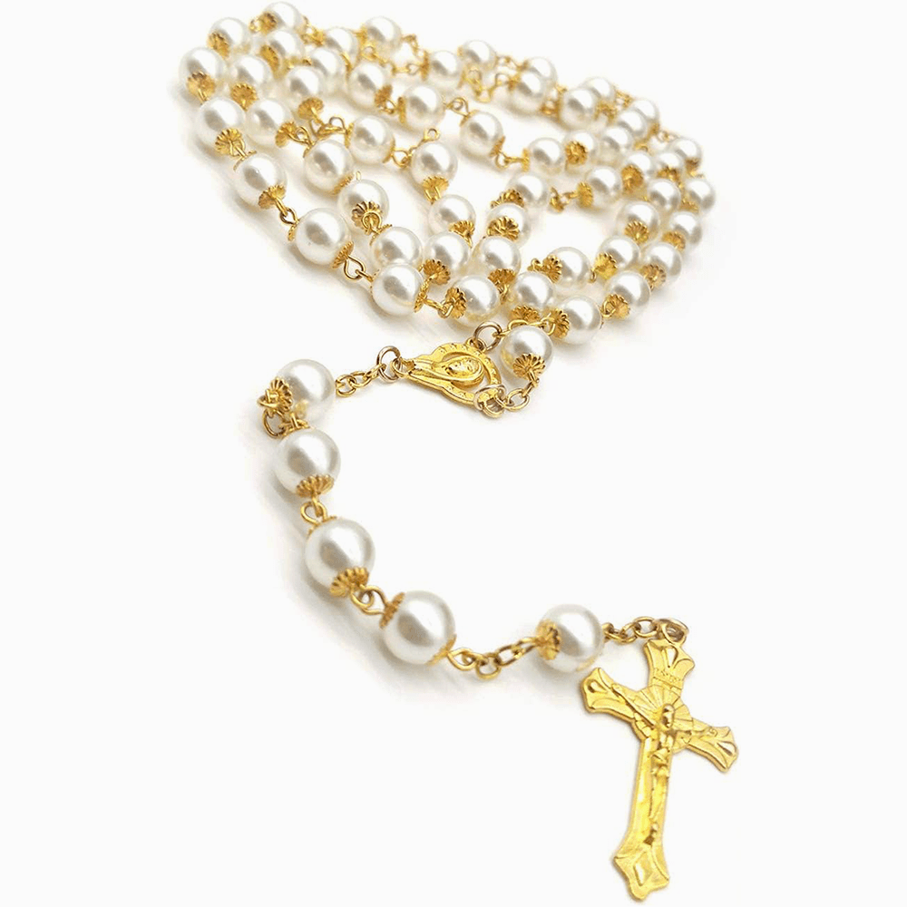 Rosario católico con cuentas de perlas blancas - image 4