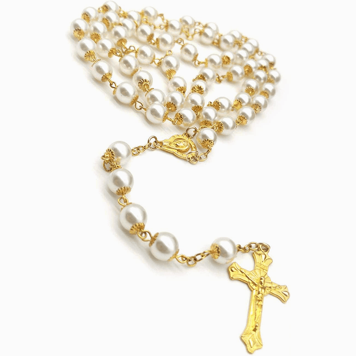 Rosario católico con cuentas de perlas blancas - image 4