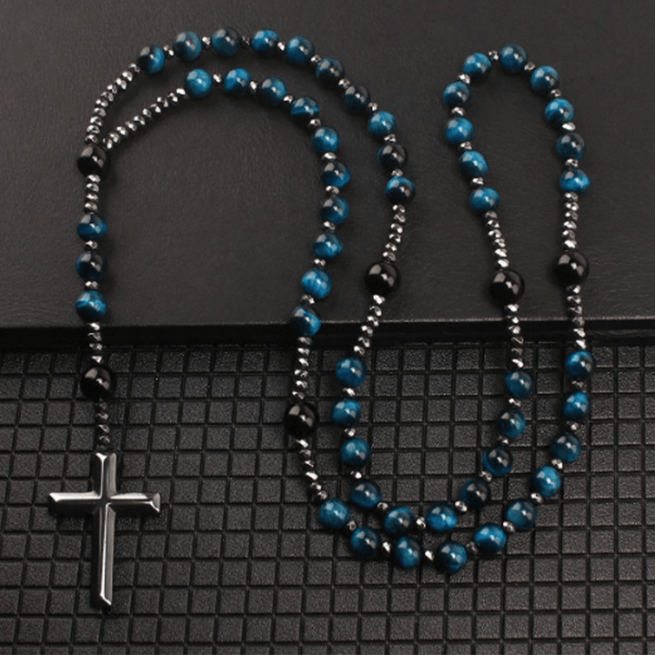 Christianartworkshop Rosario católico con cruz de piedra ojo de tigre/ágata - Ojo de tigre azul lago - image 4