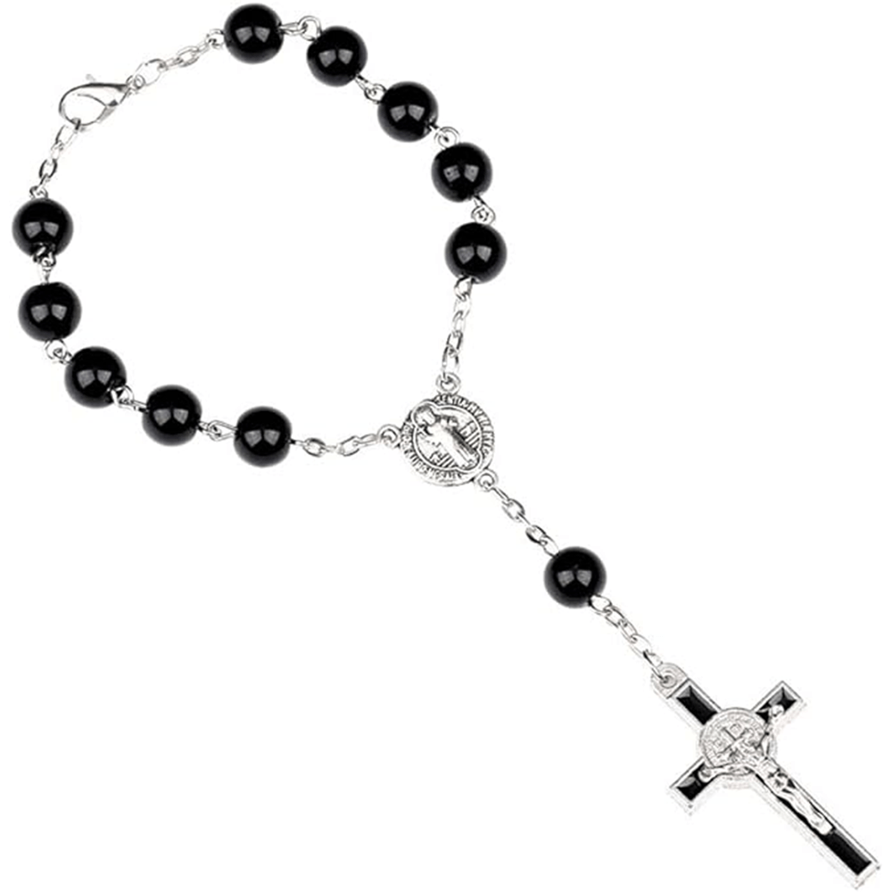 Rosario de bolsillo con cruz y cuentas hecho a mano - Negro - image 0