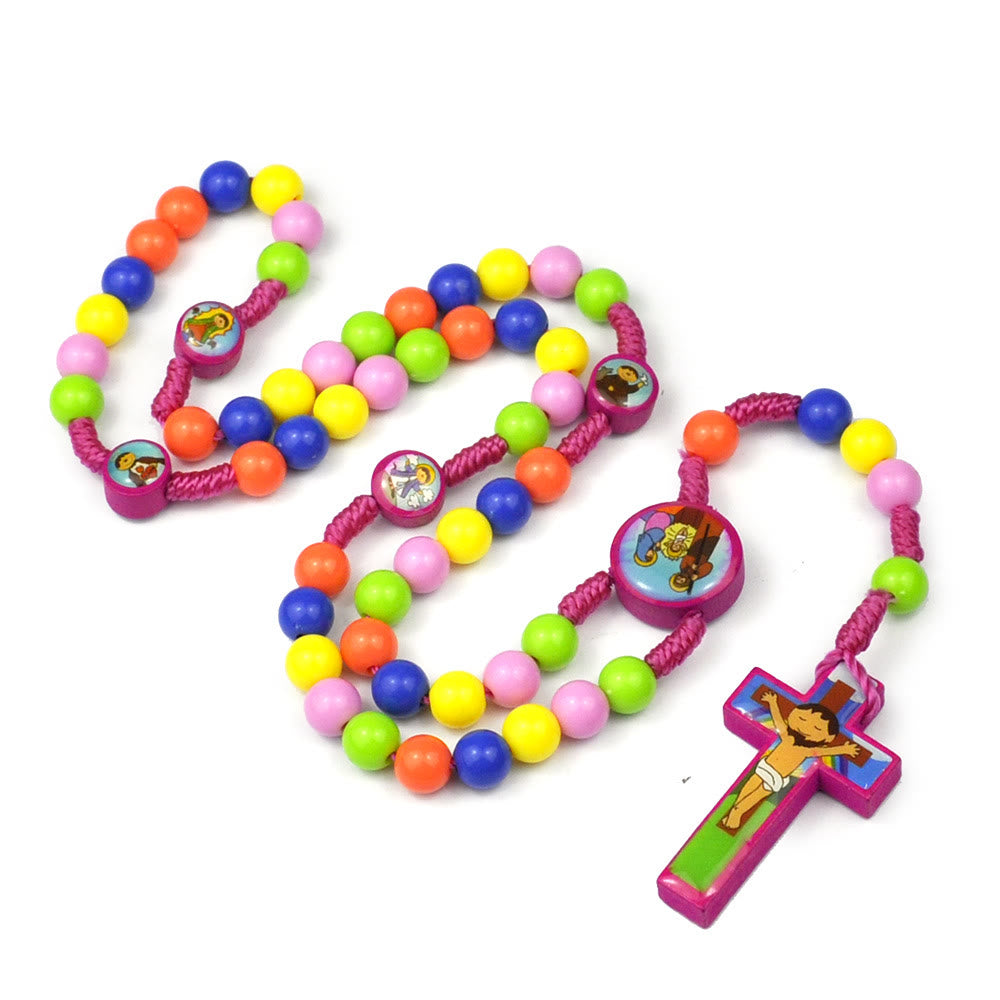 Rosario infantil con colgante de cruz y cuentas redondas de colores - Rosa - image 0