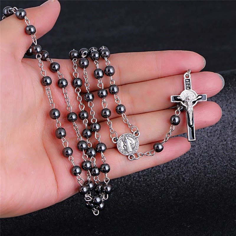 Rosario de piedra biliar negra con medallón y crucifijo de San Benito - Cadena de plata - image 0