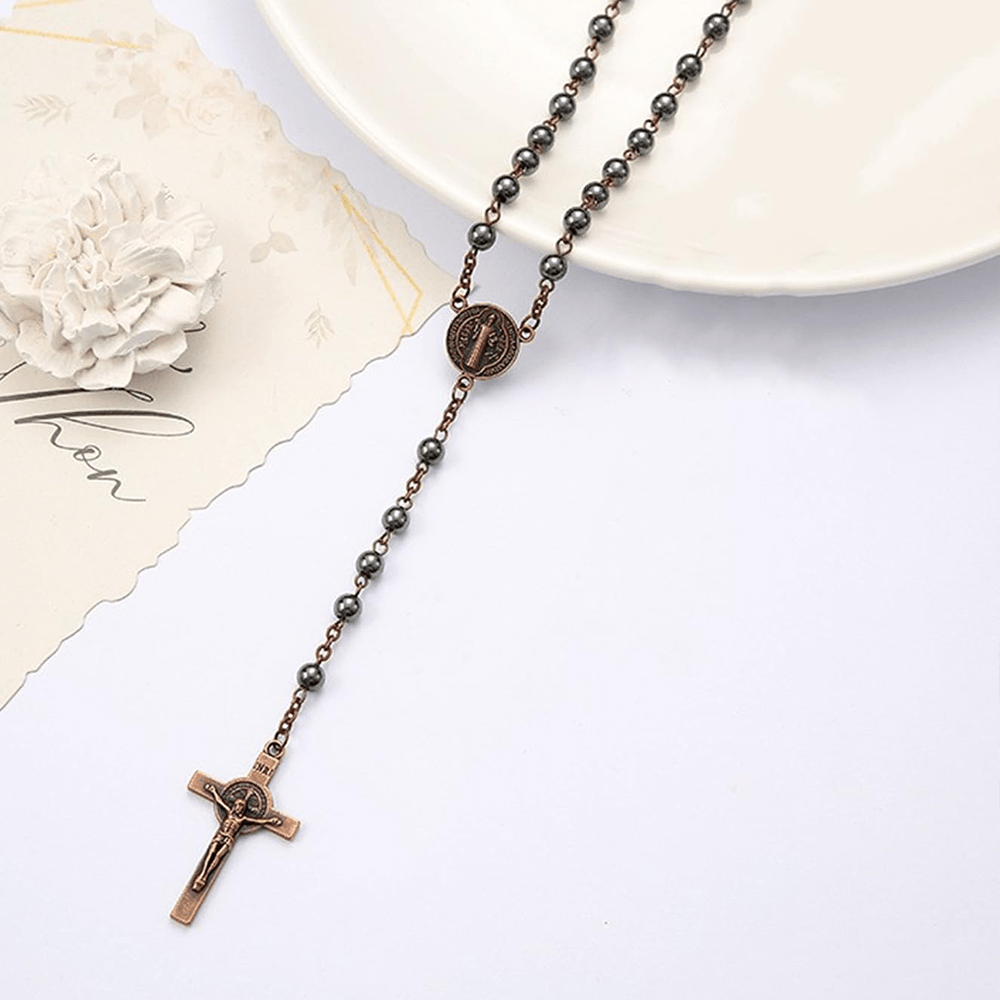 Rosario de piedra biliar negra con medallón y crucifijo de San Benito - image 8