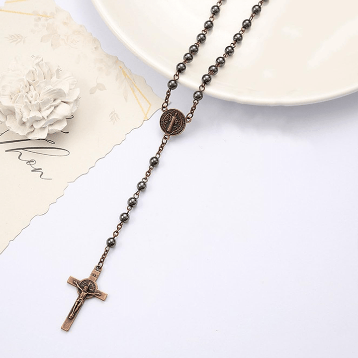 Rosario de piedra biliar negra con medallón y crucifijo de San Benito - image 8
