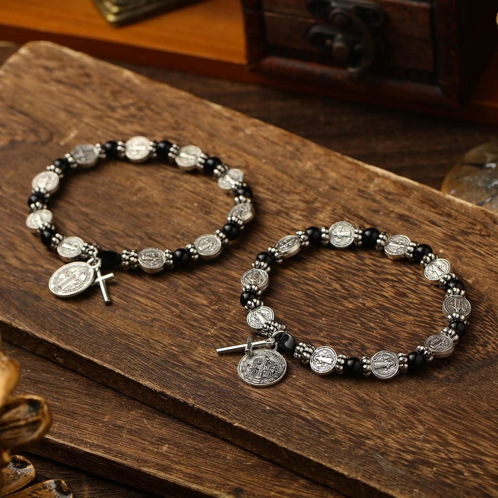Christianartworkshop Pulsera de rosario con medalla de San Benito de plata - Negro - image 0