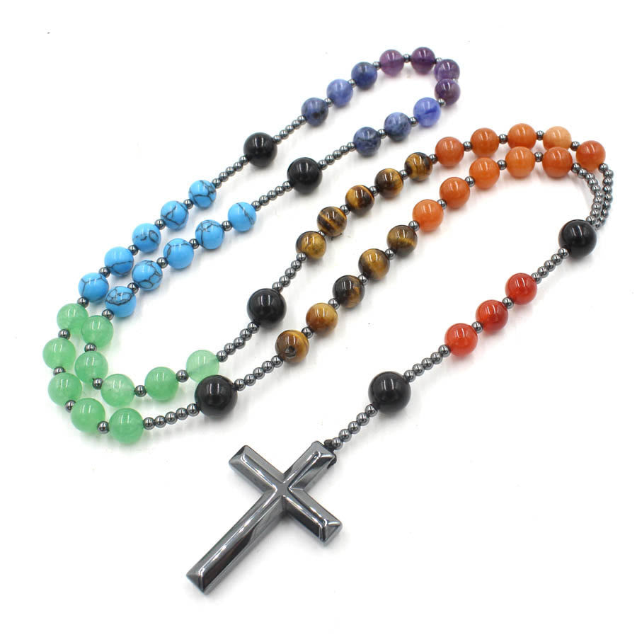 Rosario cristiano religioso de siete piedras con cruz de hematita - image 2