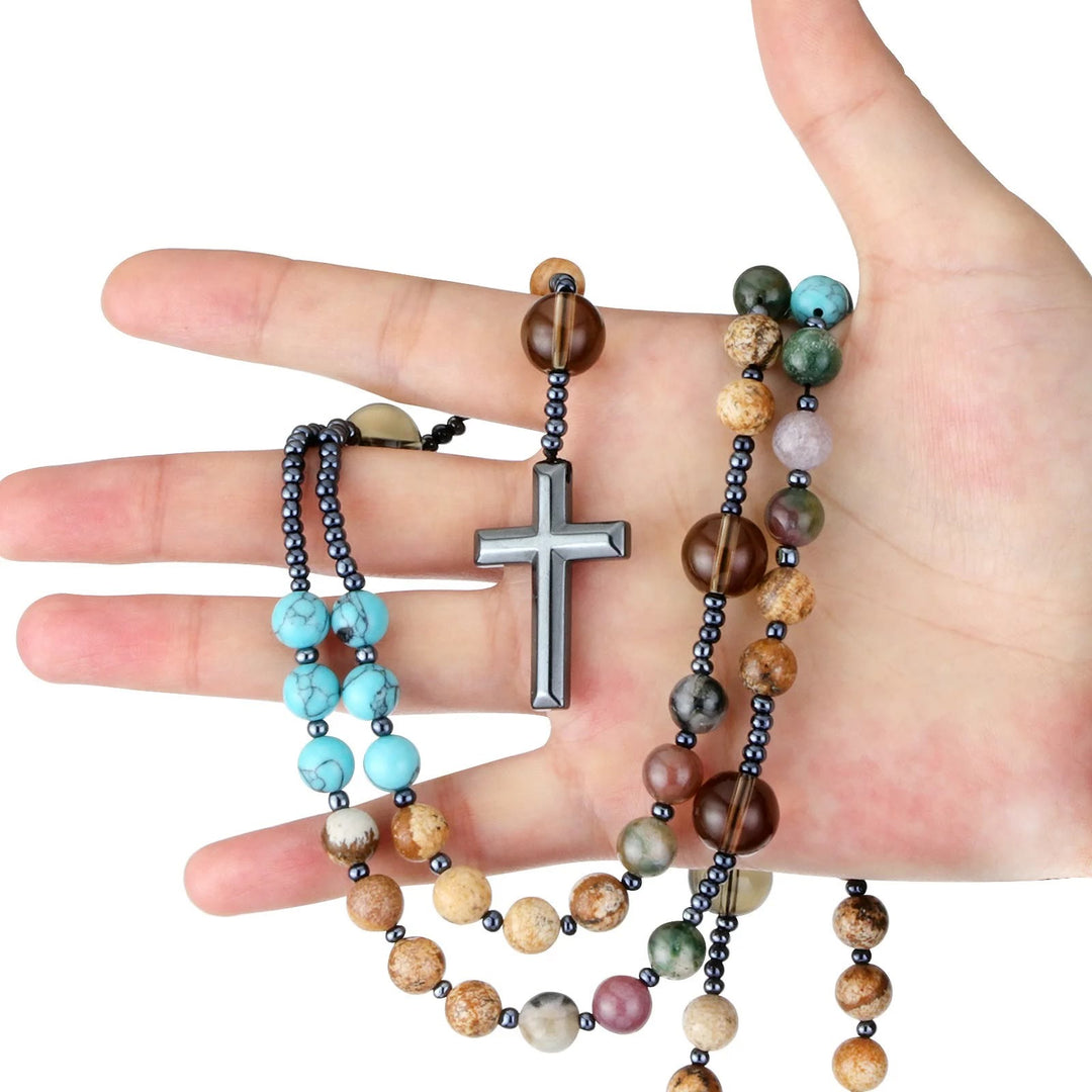 Rosario cristiano religioso de siete piedras con cruz de hematita - image 1