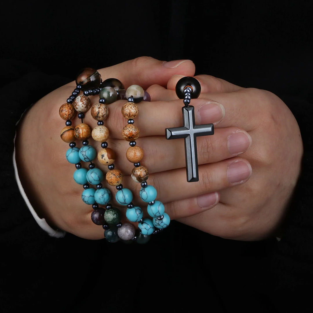 Rosario cristiano religioso de siete piedras con cruz de hematita - Siete piedras - image 0