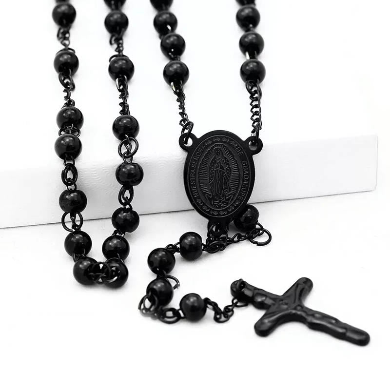 Rosario de acero inoxidable con cuentas negras - Virgen María - image 0