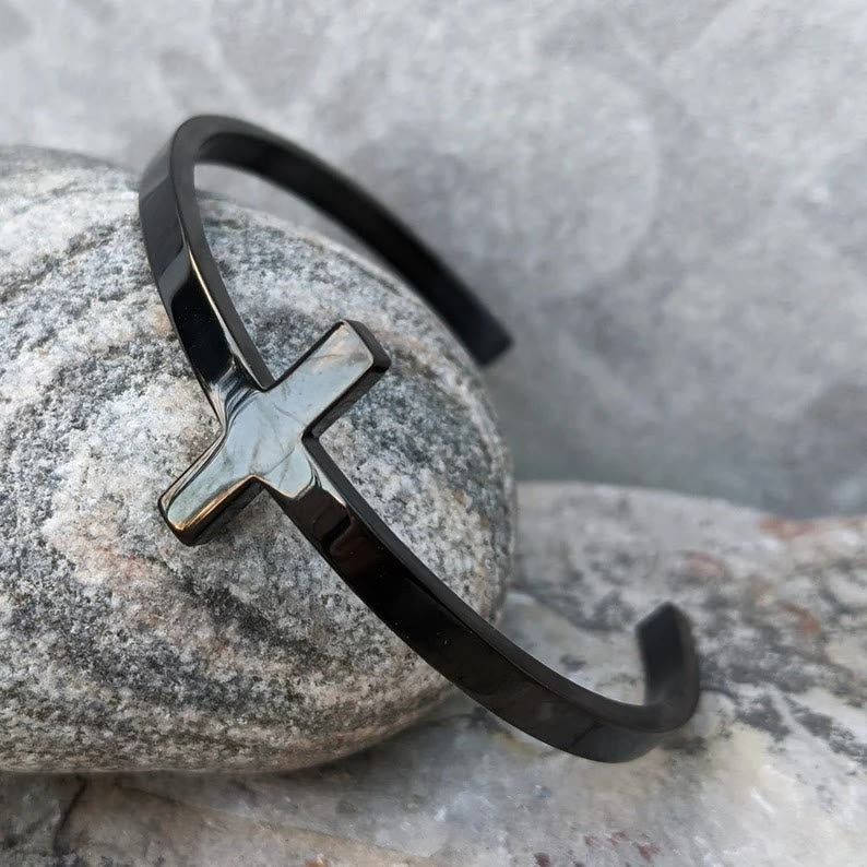 Christianartworkshop Brazalete con cruz de plata, brazalete religioso - Negro - image 7