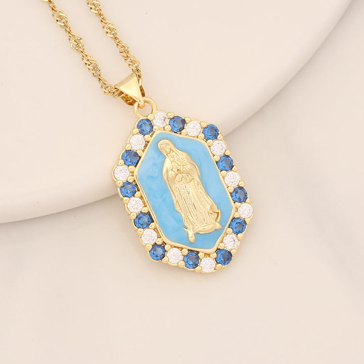 Christianartworkshop Exquisito collar con circonitas microincrustadas de la Virgen María - Azul cielo - image 3