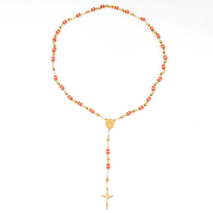 Rosario con cruz, anillo de goma roja y cuentas doradas - image 4