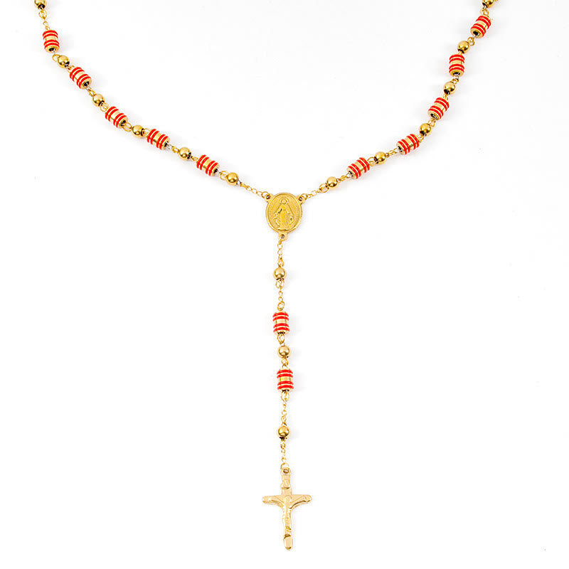 Rosario con cruz, anillo de goma roja y cuentas doradas - image 3