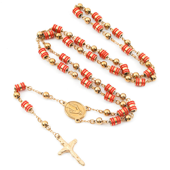 Rosario con cruz, anillo de goma roja y cuentas doradas - Rojo - image 0