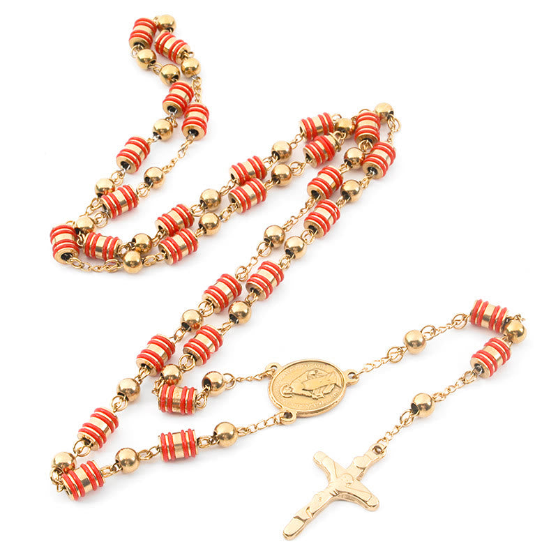 Rosario con cruz, anillo de goma roja y cuentas doradas - image 2