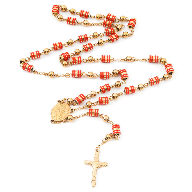 Rosario con cruz, anillo de goma roja y cuentas doradas - image 1