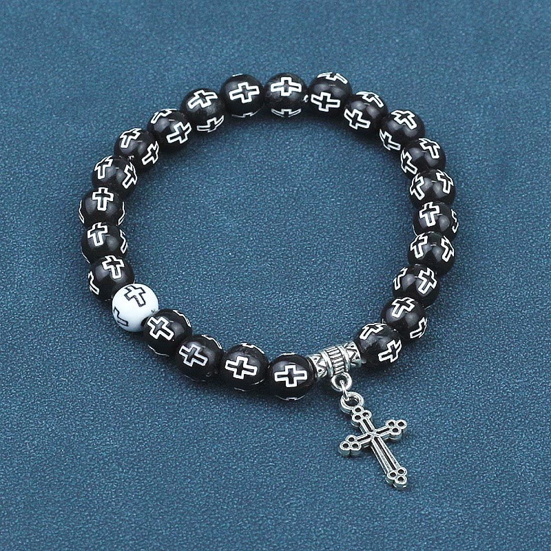Christianartworkshop Pulsera de cuentas en blanco y negro con estampado de cruz - image 6