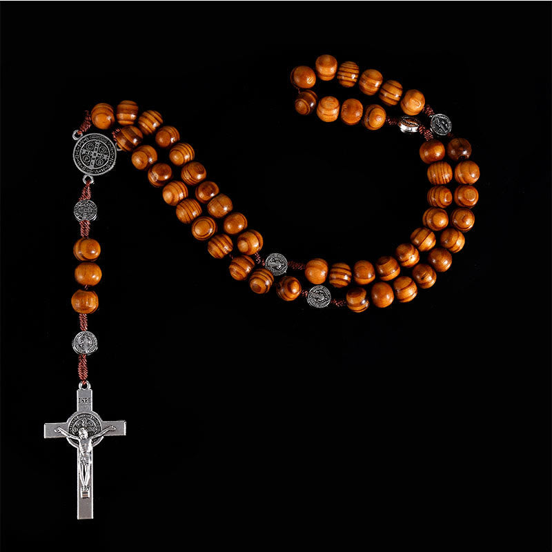 Rosario clásico de madera con medalla de San Benito y crucifijo. - Marrón - image 0
