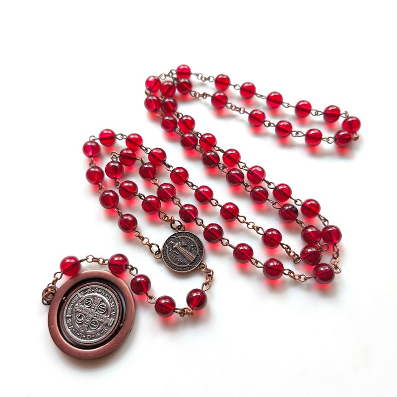 Rosario de protección de San Benito con granate y cristal rojo - Rojo - image 0