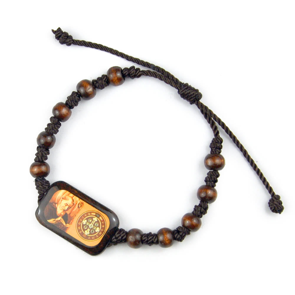 Christianartworkshop Pulsera católica de madera con imagen de San Benito y goteo de aceite - San Benito - image 0