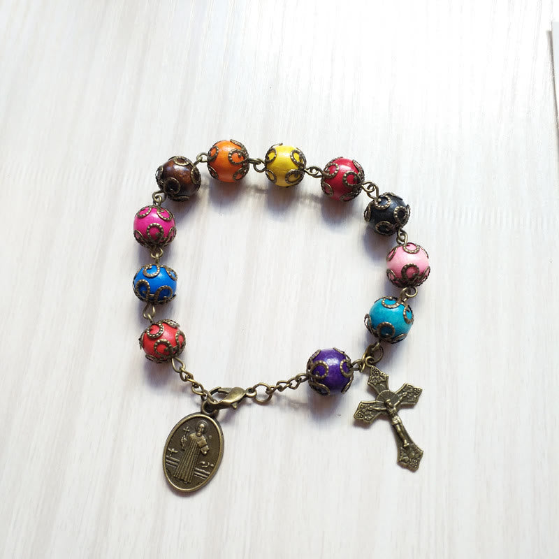 Christianartworkshop Pulsera de madera de colores antiguos con San Benito y crucifijo. - Cuentas de colores - image 0