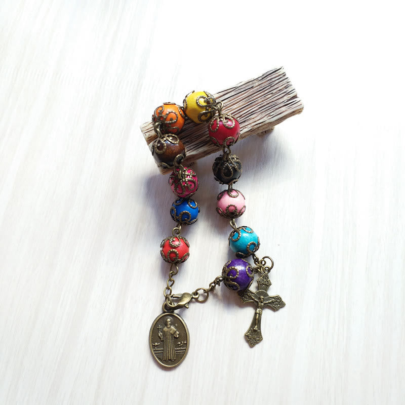 Christianartworkshop Pulsera de madera de colores antiguos con San Benito y crucifijo. - image 1