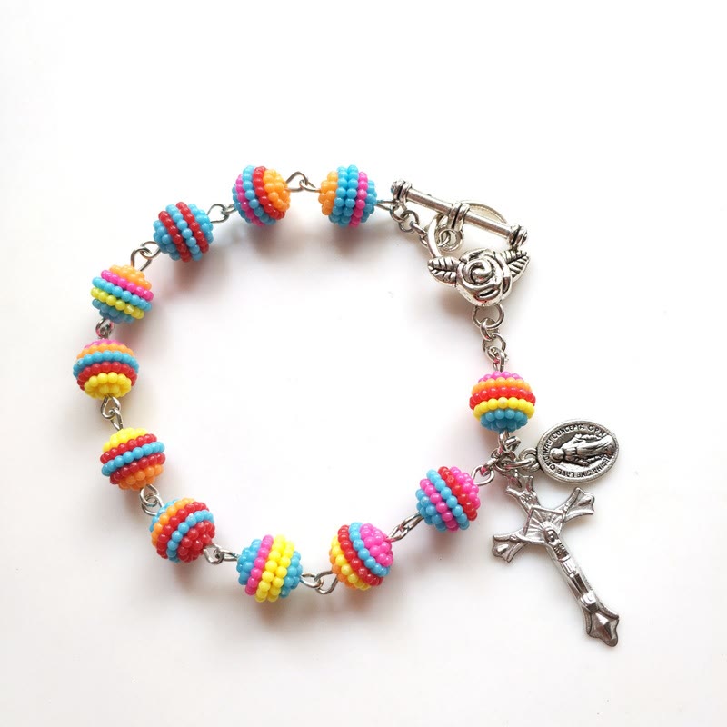 Christianartworkshop Pulsera religiosa con cuentas arcoíris de Jesús y María - Cuentas de arcoíris (circunferencia de 20 cm) - image 0