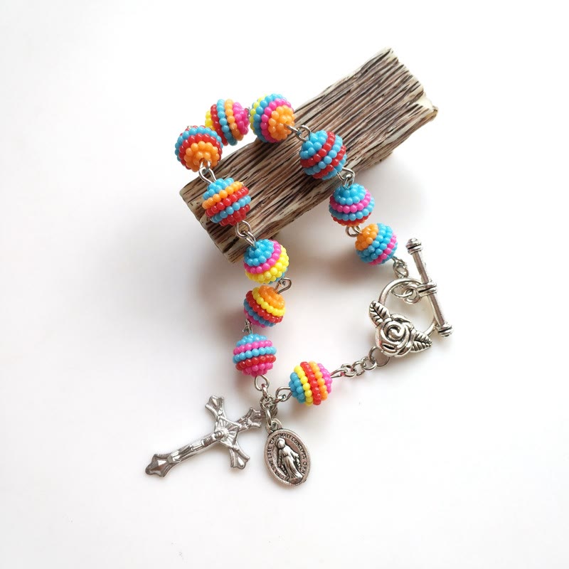 Christianartworkshop Pulsera religiosa con cuentas arcoíris de Jesús y María - image 1