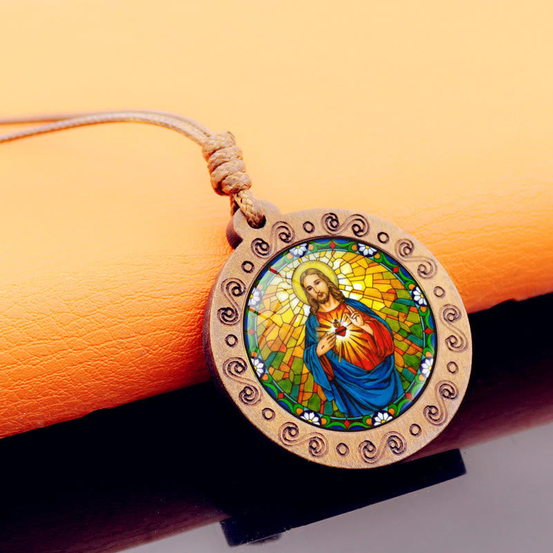 Christianartworkshop Collar con colgante de madera y piedras preciosas del Sagrado Corazón de Jesús - Jesús Sagrado Corazón - image 0