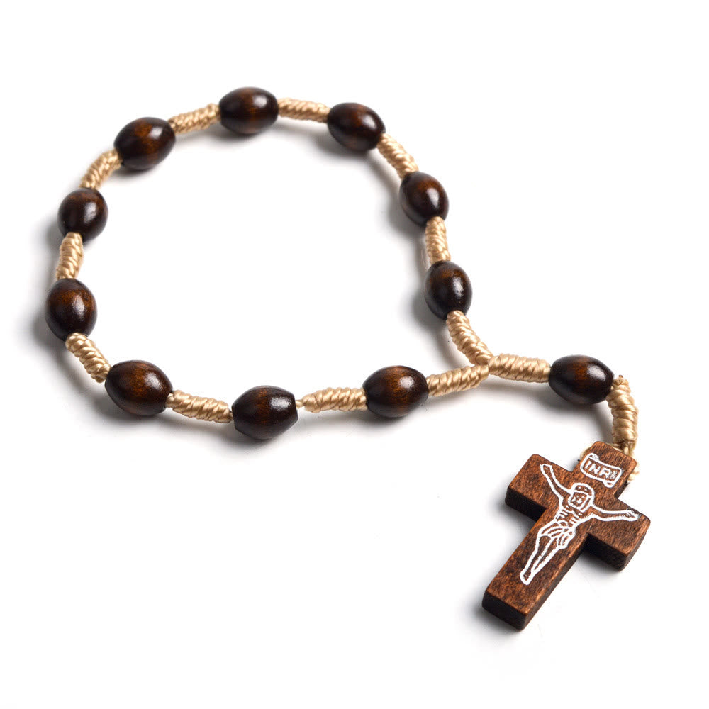 Rosario de madera maciza con cruz pequeña para bautismo con los dedos - Café - image 0