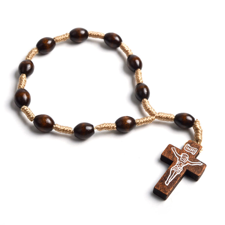 Rosario de madera maciza con cruz pequeña para bautismo con los dedos - Café - image 0