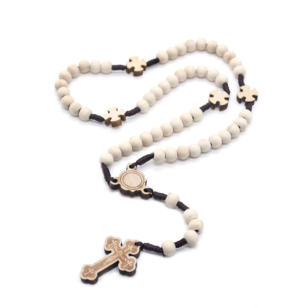 Rosario de oración con cruz de madera de Cristo - Beige - image 0
