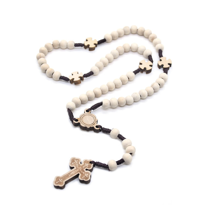 Rosario de oración con cruz de madera de Cristo - Beige - image 0