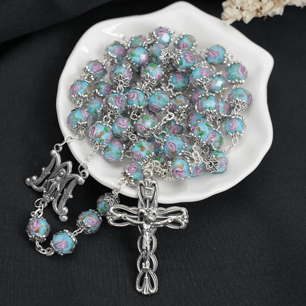 Christianartworkshop Rosario de cuentas de flores de rosa de cristal esmaltado - Azul cielo - image 0