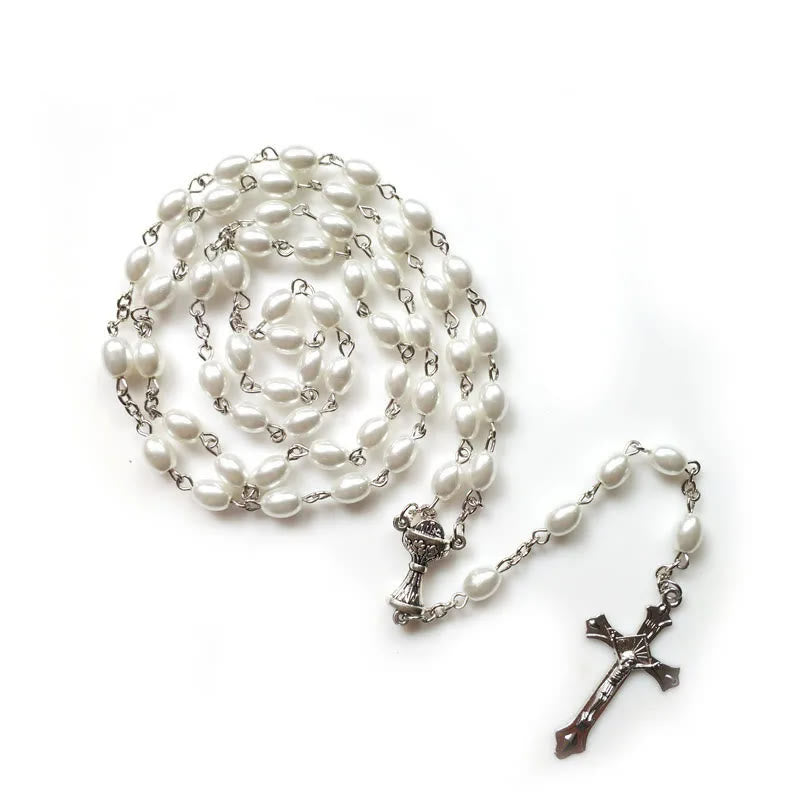 Christianartworkshop Santo Grial y Crucifijo de Rosario con Cadena de Aleación de Perlas Blancas Ovaladas de 6*8 mm - image 2